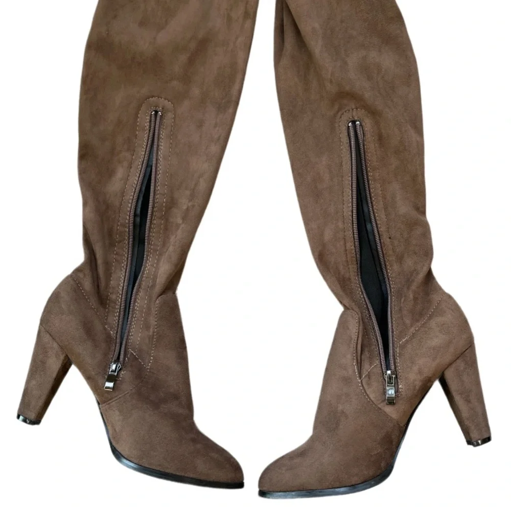 Sexy Thigh High Boots Chunky Heel Over Knee Suede Tie Brown Almond Toe Size 8.5